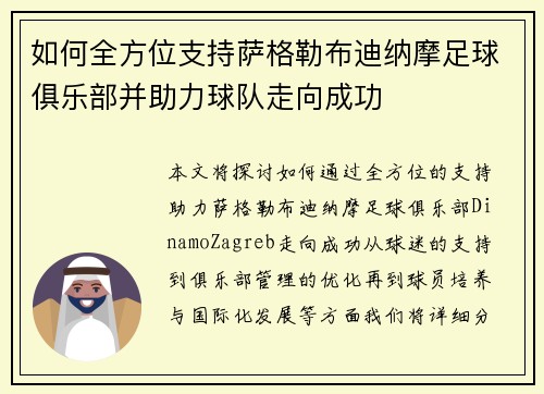 如何全方位支持萨格勒布迪纳摩足球俱乐部并助力球队走向成功