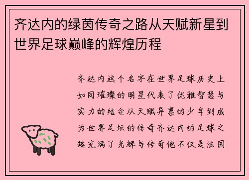 齐达内的绿茵传奇之路从天赋新星到世界足球巅峰的辉煌历程
